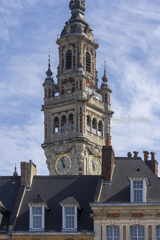 Tower of the Chamber of Commerce in the French city of Lille on the Place du Théâtre. The building was built between 1910 and 1921 and was designed by architect Louis Marie Cordonnier